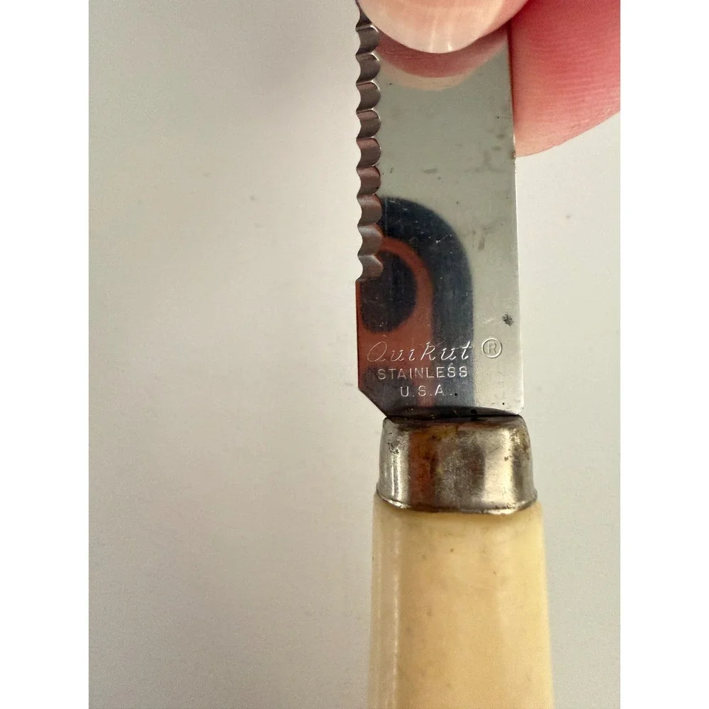 Vintage Quikut Stainless Steel Serrated Steak Knife USA Cream Handle Cutlery